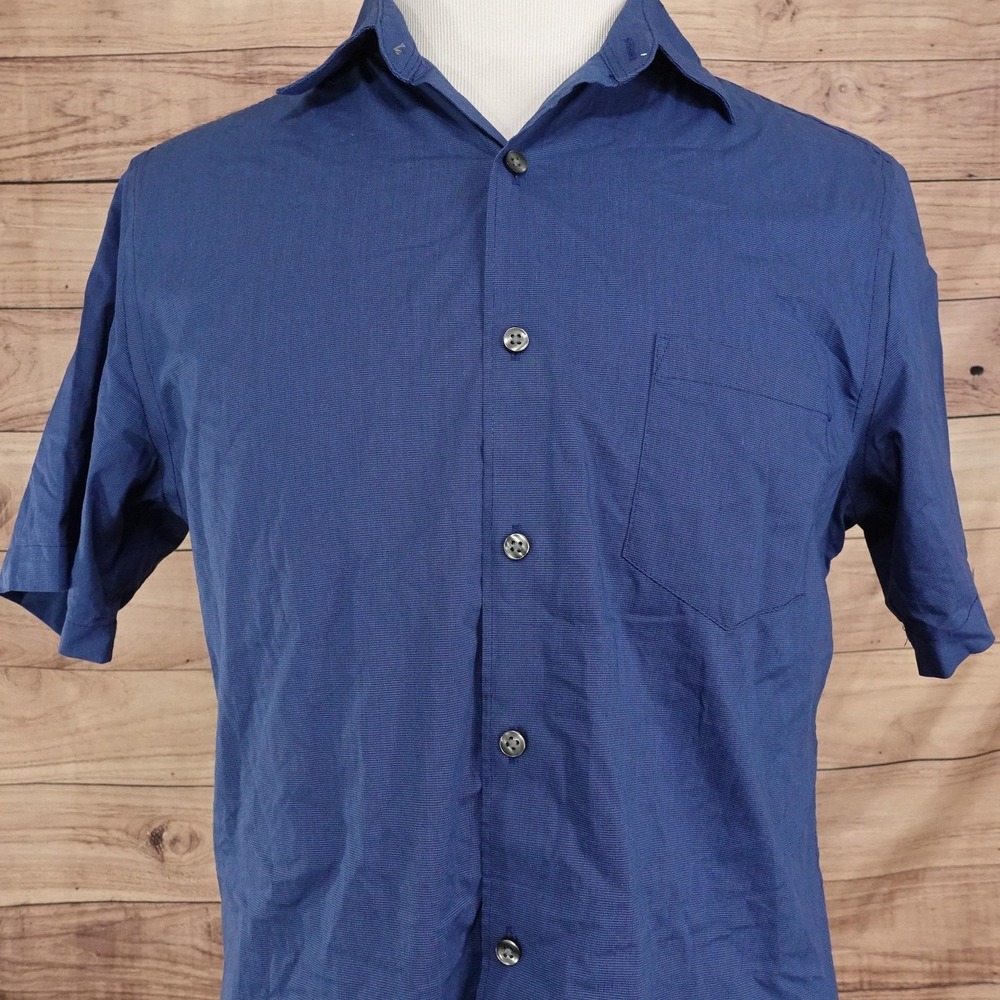 Van Heusen Shirt Mens L Blue Solid Short Sleeve Button-Up Stretch Slim Fit